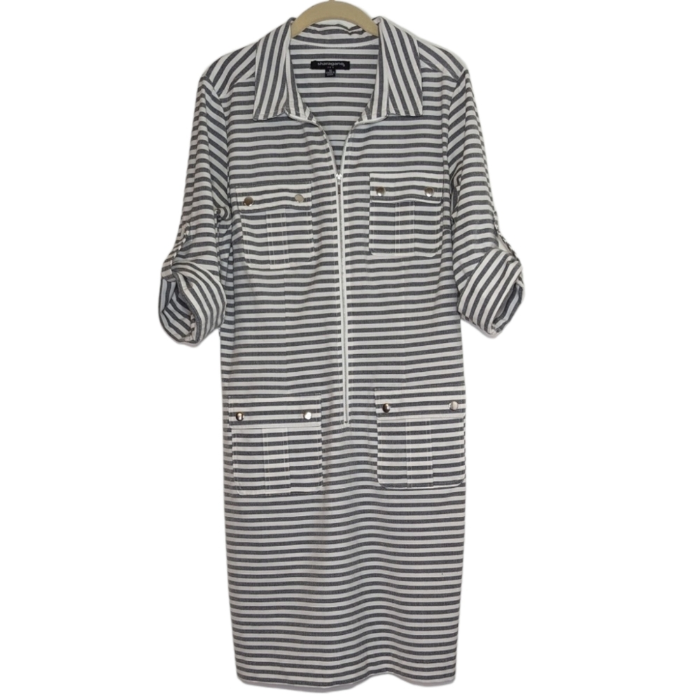 Sharagano Gray and White Striped Shirt Dress